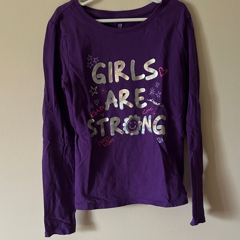 GAP Purple Long Sleeve Tee with Silver Metallic Slogan and Pink Accents